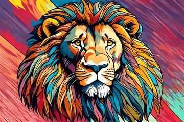 Abstract, colorful, neon portrait of a lion head on a black background in pop art style with splashes of watercolor