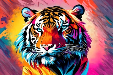 Abstract, colorful, neon portrait of a tiger head on a black background in pop art style with...
