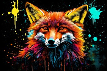 Abstract, colorful, neon portrait of a fox head on a black background in pop art style with...
