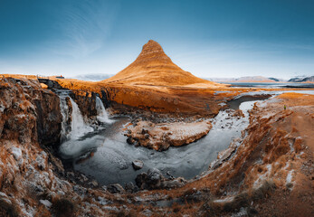Fantastic evening with Kirkjufell volcano the coast of Snaefellsnes peninsula. Picturesque and...
