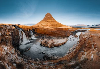 Peel and stick wall murals Kirkjufell Fantastic evening with Kirkjufell volcano the coast of Snaefellsnes peninsula. Picturesque and gorgeous morning scene. Location famous place Kirkjufellsfoss waterfall, Iceland, Europe. Beauty world.