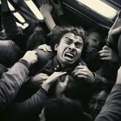 Overhead Shot of a crowded train with young , showcasing the overwhelming moment, black and white photography
