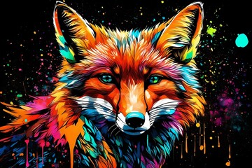 Abstract, colorful, neon portrait of a fox head on a black background in pop art style with...