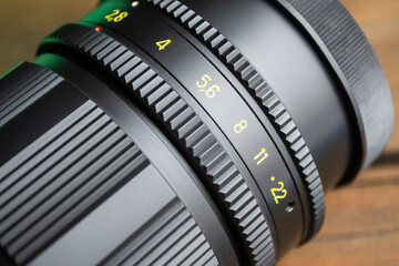 Close-up lens. Black lens. Close-up numbers on the lens.