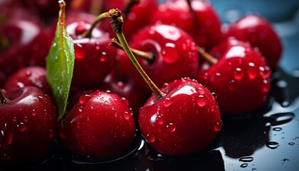 groups of cherries in drops of water and against a blurred background macro shot. 