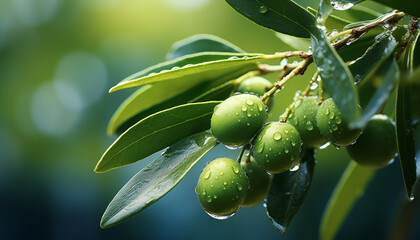 branch of olives in water drops on a blurred green background. 