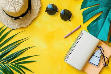 The scene depicts a vibrant yellow table adorned with a traveler's notebook and various accessories, offering a top-down view. This flat lay arrangement sets the stage for planning summer holidays, tr