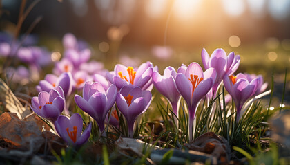 crocuses bloom on the grass with sunlight. spring flowers in sunlight.