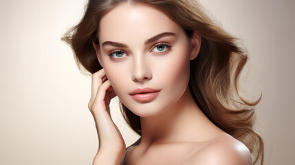 Naklejka premium Beautiful young woman with healthy skin . Spa, skincare and wellness. advertising. Close up, copyspace. 