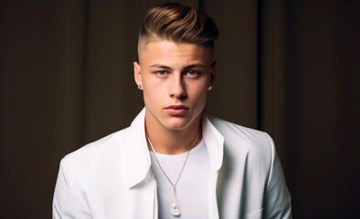 Fototapeta premium Portrait of a handsome young man in white coat on grey background