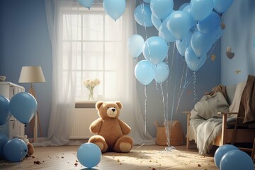 Teddy bear with blue balloons in the bright room