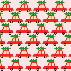 New Year and Christmas red car and christmas tree in retro style seamless pattern on a pink background. Vector illustration for xmas