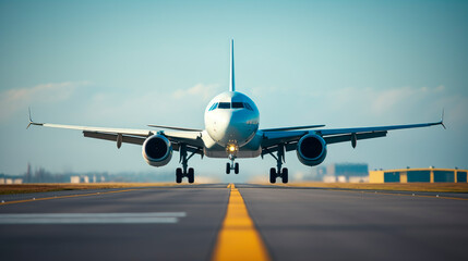 Fototapeta na wymiar Airplane landing on the runway on a sunny day.