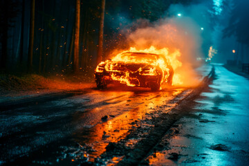 Burning car on the highway.