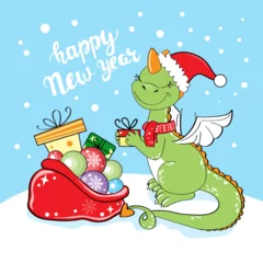 Foto op Plexiglas Vector illustration with Christmas dragon with gifts on a blue background. Symbol of the year 2024 © Lucky Project