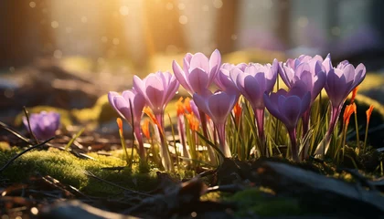 Badkamer foto achterwand crocuses bloom on the grass with sunlight. spring flowers in sunlight. © Juli Puli