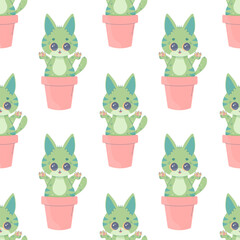 Seamless pattern catcus cactus cat, cartoon cute, vector illustration for fabric, print, apparel