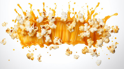 falling popcorn with caramel isolated on white background