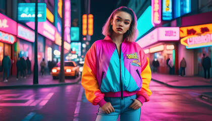 80s-style character in city: neon lights, vibrant outfit, retro vibes. Ai generation