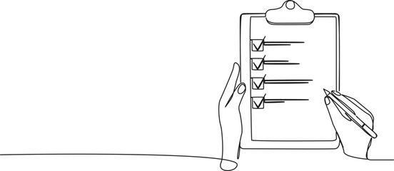 continuous single line drawing of hands holding clipboard with checklist, line art vector illustration © Christian Horz