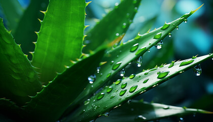 aloe vera with water drops close-up. natural cosmetics from aloe vera.