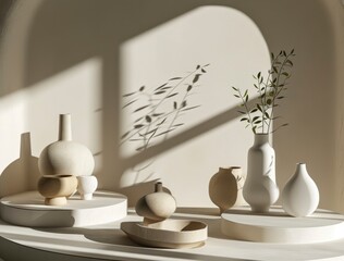 Minimal white vase with plants on pedestals
