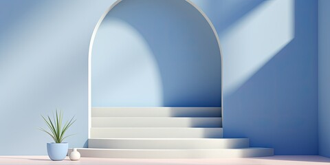 Minimal interior with arches, stairs, and blue pastel and white banners for product presentation.