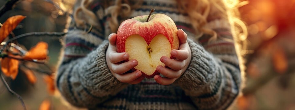 A child holds an apple in her hand that has a heart cut out