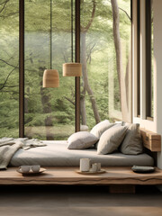 bedroom with a large window overlooking the forest