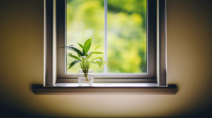 シンプルでナチュラルな白い窓辺にガラスに入れた葉っぱの観葉植物が置かれている写真、窓の外は緑のボケ