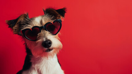 Charming Terrier dog in heart shaped sunglasses against a vibrant red background with space for text, for Valentines Day greetings or banner. - obrazy, fototapety, plakaty