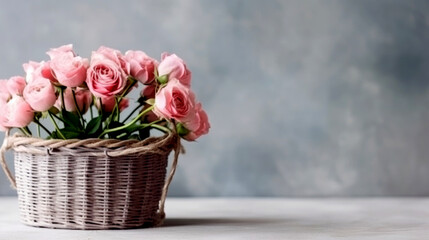 basket with roses, place for text, postcard, women's day