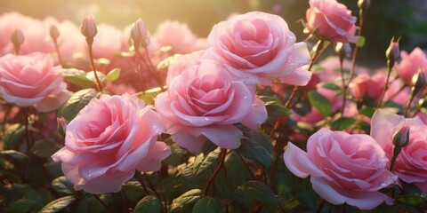 Sunlit Blossoms Pink Rose Garden Buds - obrazy, fototapety, plakaty