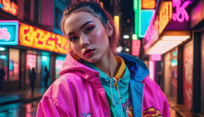 Obraz premium 80s-style character in city: neon lights, vibrant outfit, retro vibes. Ai generation