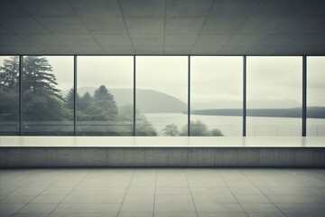 A tranquil scene captured through the expansive glass windows of a modern structure, offering an unobstructed view of a serene lake surrounded by lush trees and gentle hills. The image exudes a sense