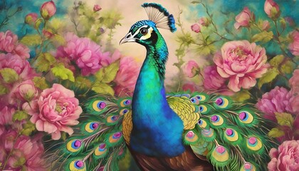 beautiful peacock portrait on background of flowers vintage vertical painting generative ai