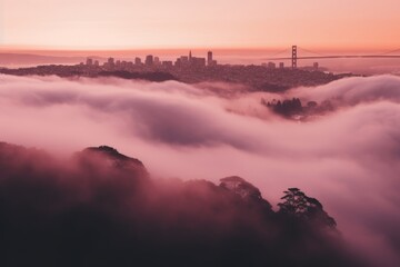A breathtaking view capturing the essence of San Francisco as the city wakes up to a serene sunrise, with the iconic skyline and Golden Gate Bridge partially obscured by a soft blanket of rolling fog