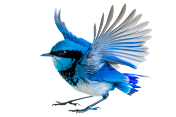 Blue splendid fairy wren bird spreads its wingst on transparent 