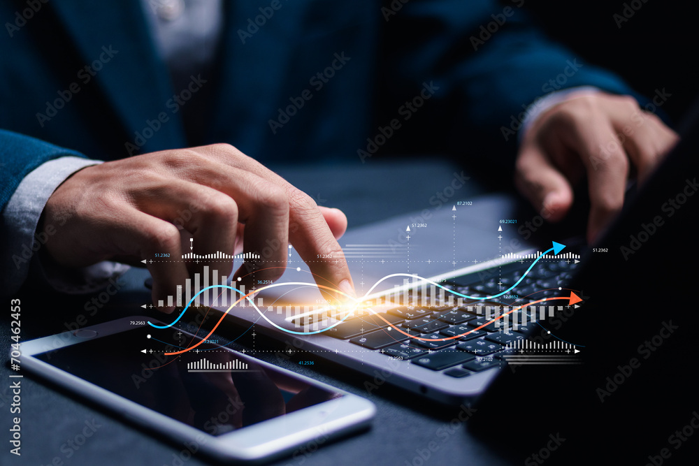 Poster business planning and strategy concept. businessman using laptop analyzing financial profit and econ