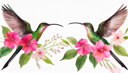 watercolor painting of colibri birds pink flowers and leaves on white background digital printable...