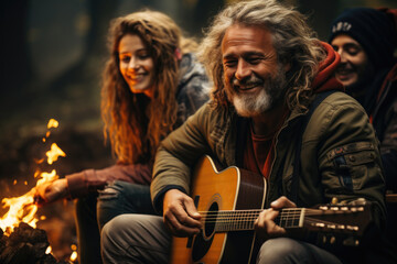 Obraz premium group of people playing guitar in the forest near a fire