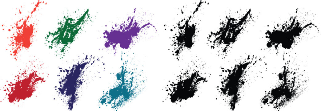 Grunge distressed isolated black, purple, green, red, orange, wheat color paint splash texture banner set