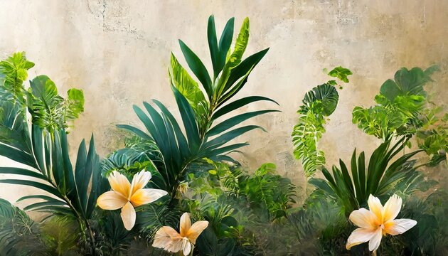 tropical plants flowers and leaves on a grunge background great choise for wallpaper photo wallpaper fresco mural card postcard home decor poster design for modern and loft interior