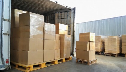 packaging boxes wrapped plastic stacked on pallets loading into cargo container distribution supplies warehouse shipping trucks supply chain shipment boxes freight truck logistics cargo transport