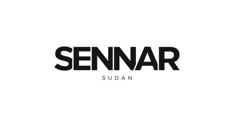 Sennar in the Sudan emblem. The design features a geometric style, vector illustration with bold typography in a modern font. The graphic slogan lettering.