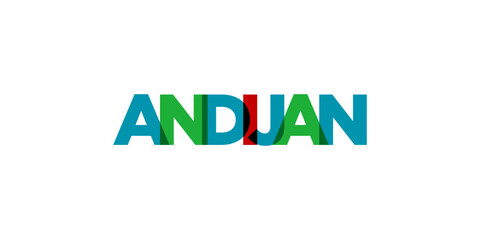 Andijan in the Uzbekistan emblem. The design features a geometric style, vector illustration with bold typography in a modern font. The graphic slogan lettering.