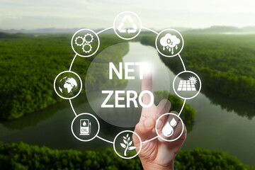 Climate Natural Environment Center Concept. Net zero icons on forest background with hand human....