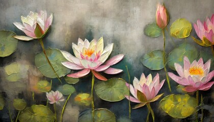 water lilies pitchers oil painted flowers painted on a concrete grunge wall stunningly beautiful...