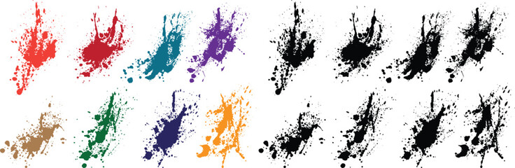 Grunge dripping collection of black, purple, green, red, orange, wheat color drop blood splash vector brush illustration