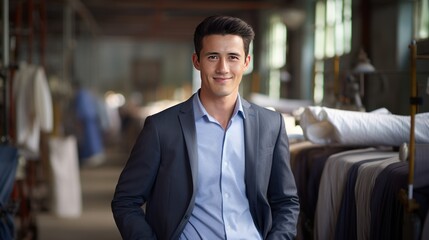 Fototapeta premium Happy Businessman in textile factory, clean background 